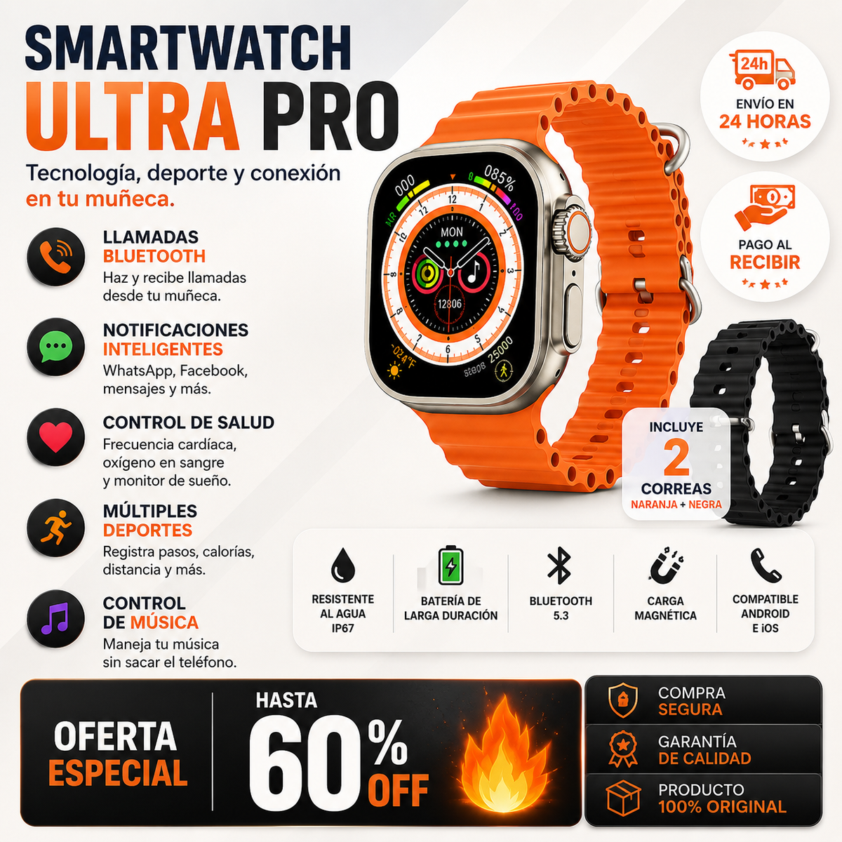 ULTRA PRO SMARTWATCH™+ 2 correas premium + cargador — el control total en tu muñeca