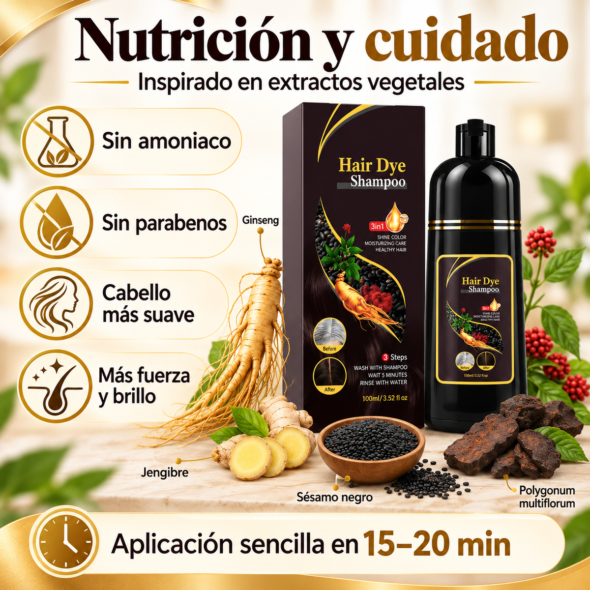 CHAMPÚ TINTE 3 EN 1 PARA CANAS (500ML)