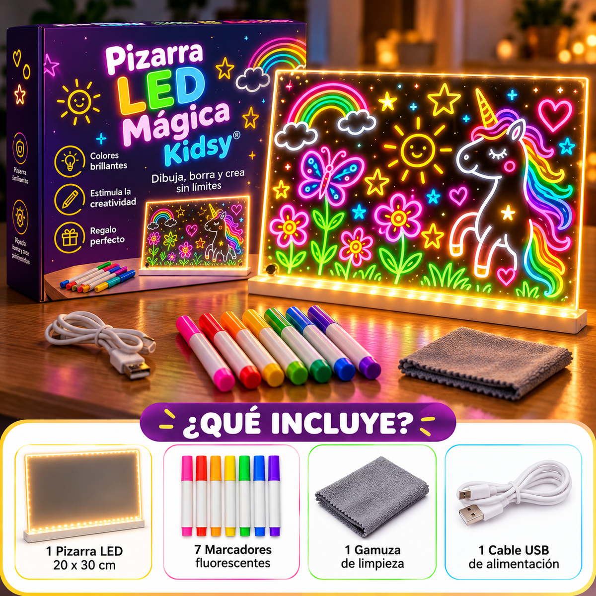 ✨LumiKids™ – Pizarra LED Mágica + Estuche Rotuladores Neón — Adiós a las pantallas, hola a la magia real